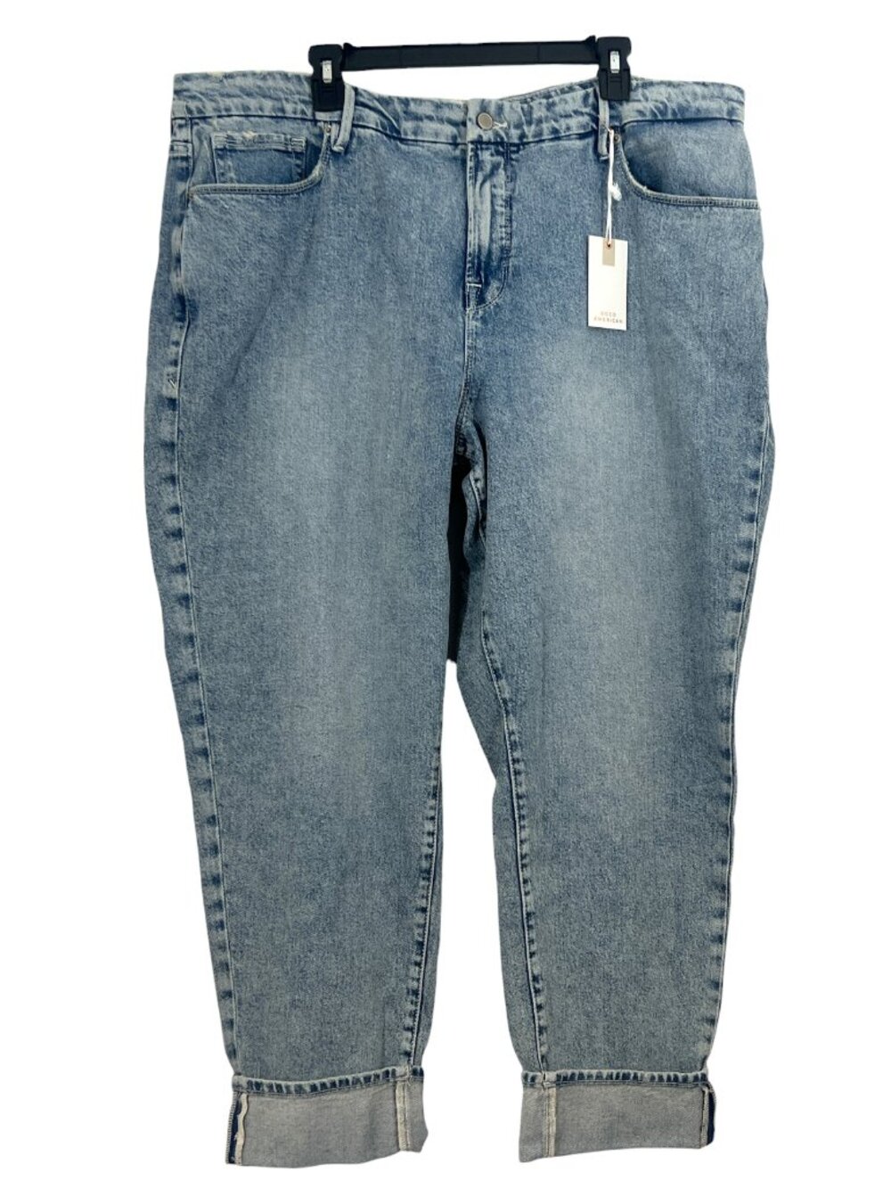 Good American Mid Rise Weekender Cuffed Slim Straight Jeans Distressed Sz 18 New